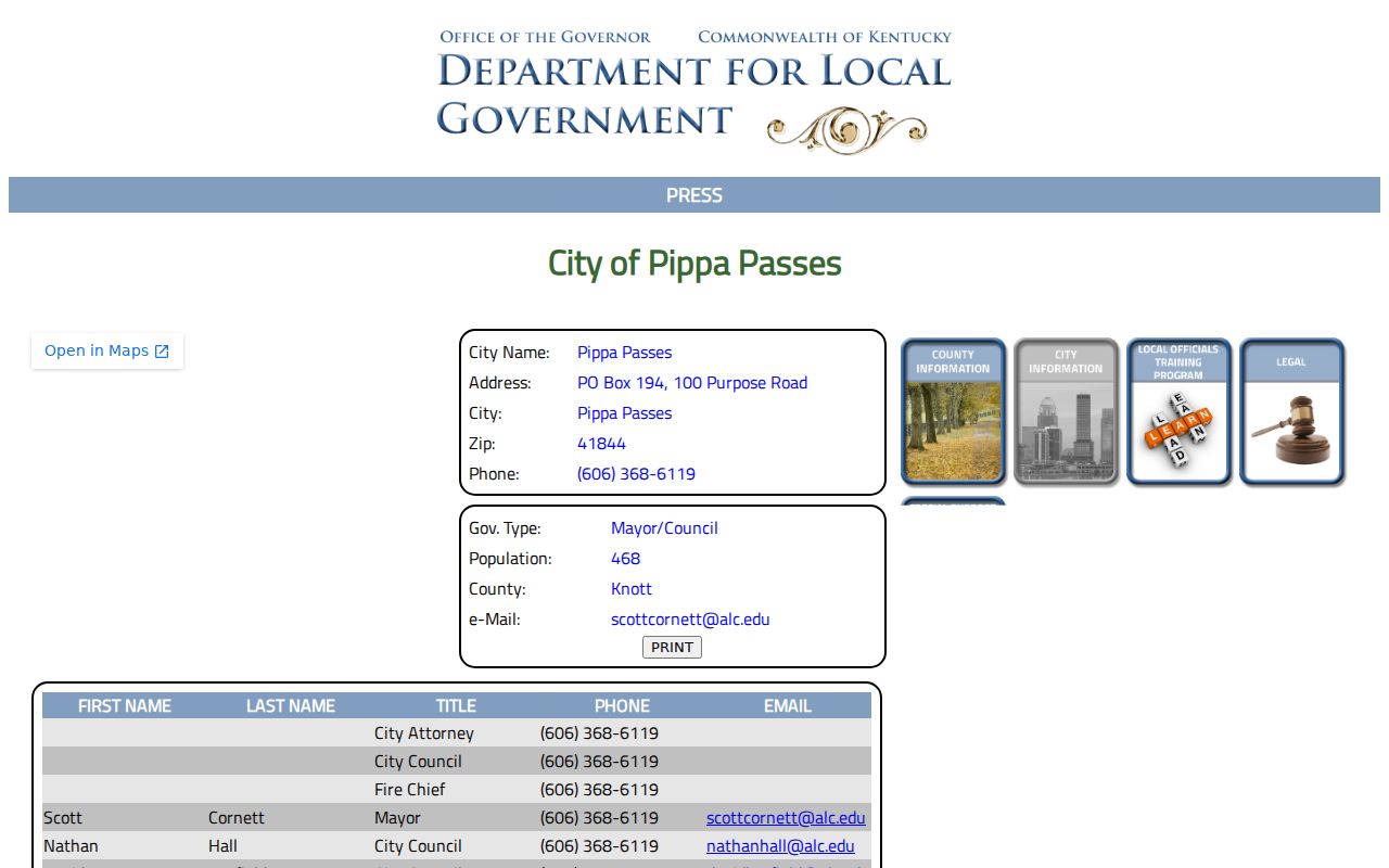 Pippa Passes criminal records contact in the Kentucky city directory