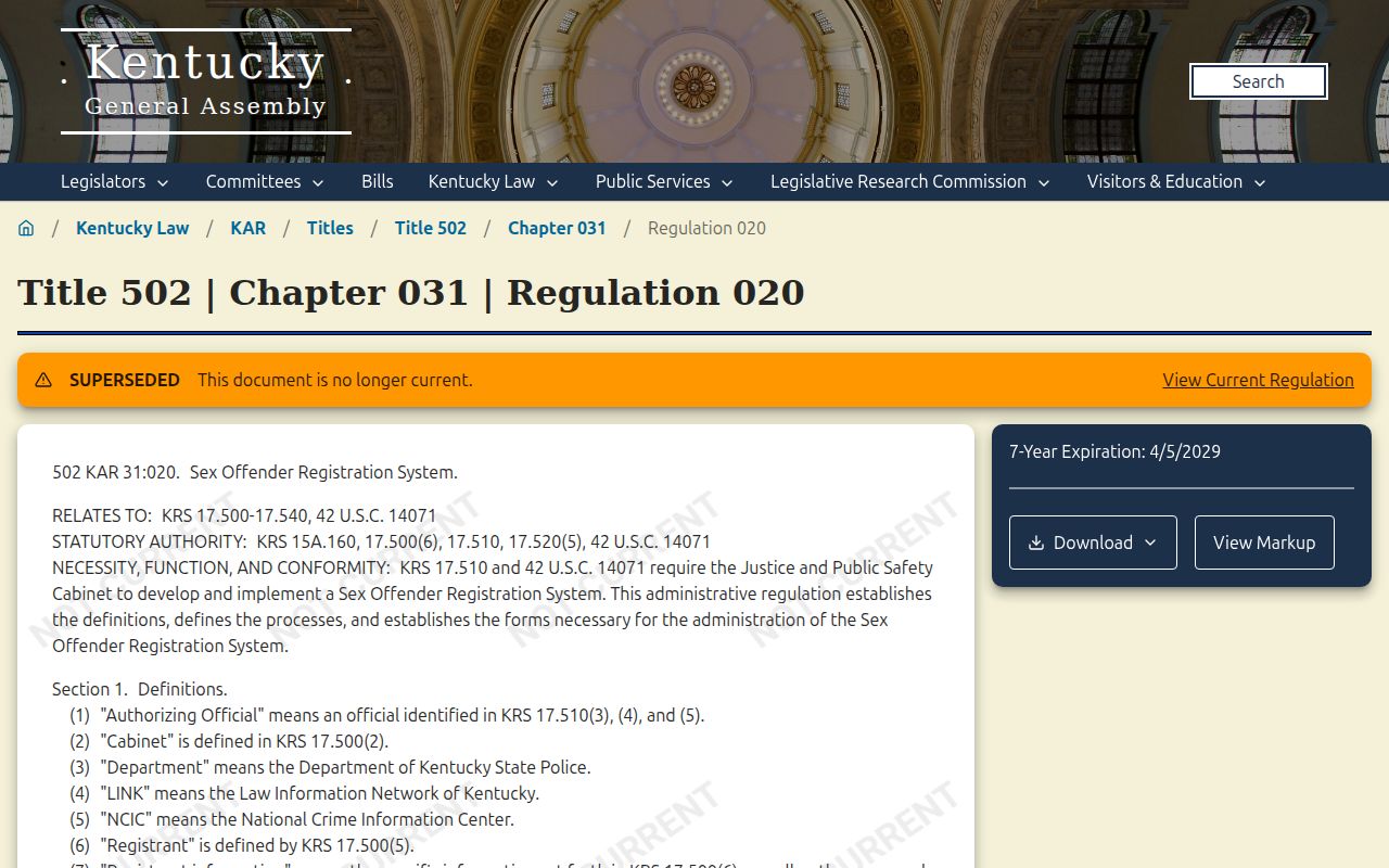 Knott County sex offender registry forms under Kentucky regulation